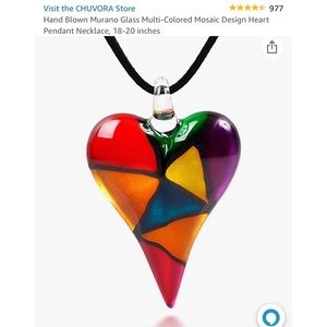 CHUVORA Hand Blown Murano Glass Heart Pendant, Abstract Mosaic 18”-20”.
